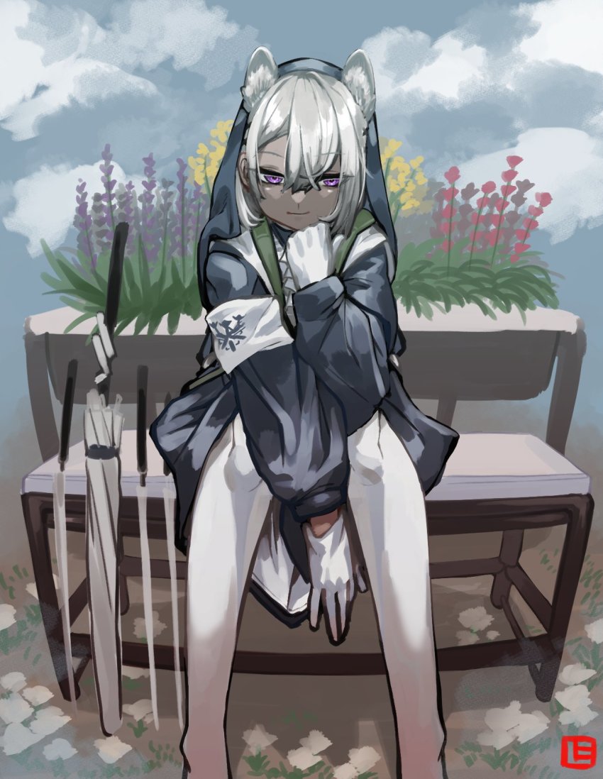 1girl, arknights, armband, ascot, asymmetrical_bangs, black_jacket, camel_ears, closed_mouth