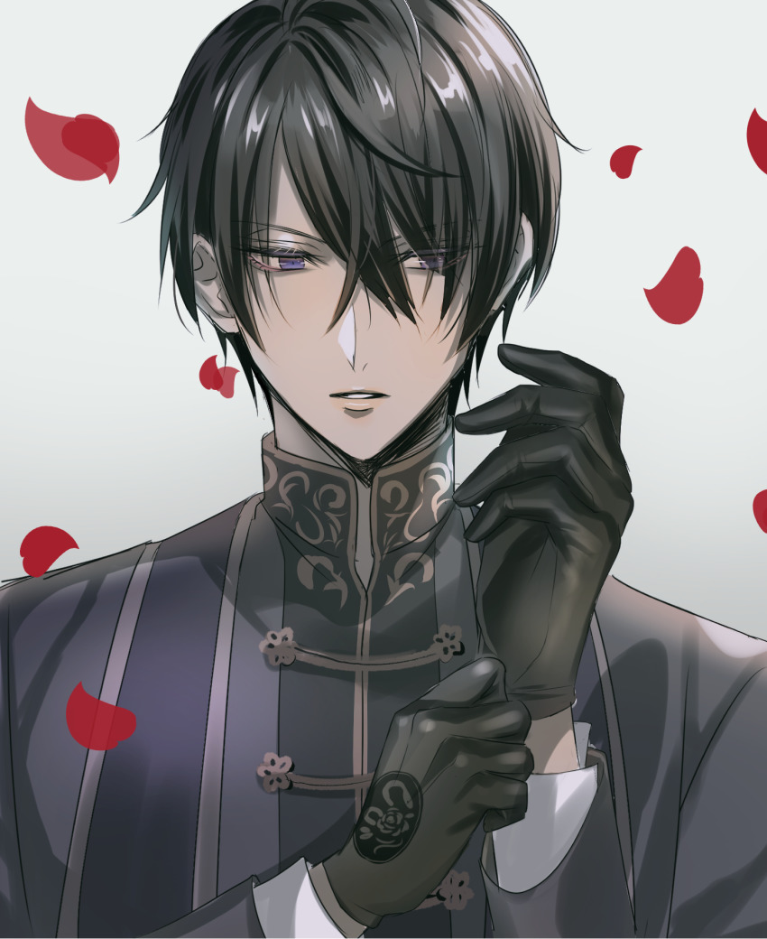 1boy, adjusting_clothes, adjusting_gloves, black_gloves, black_hair, gloves, hair_between_eyes, highres, ikemen_prince, long_sleeves, looking_at_viewer, male_focus, petals, purple_eyes, sariel_noir, short_hair, solo, upper_body, y_(pixiv69889180)