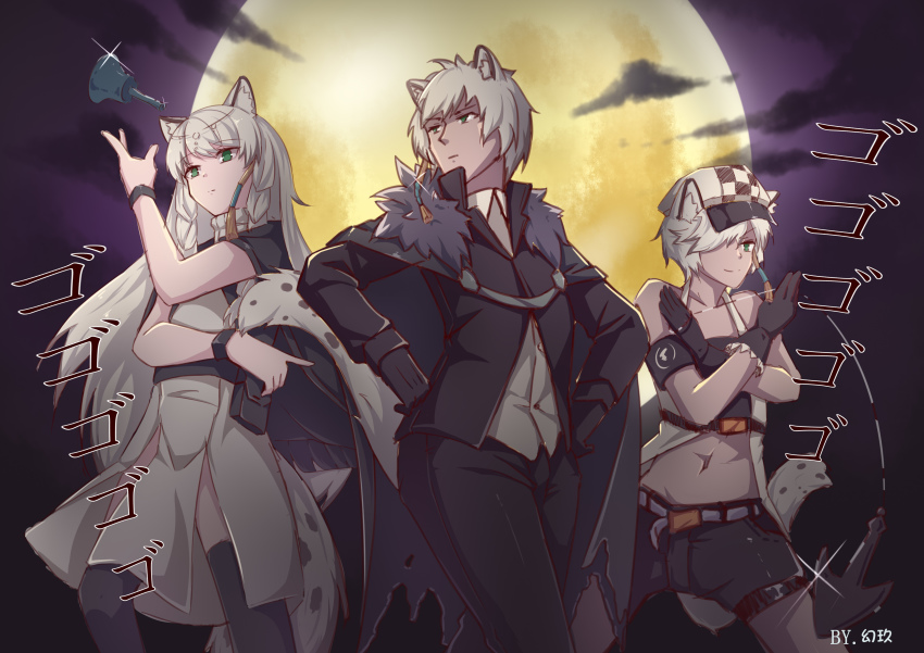 1boy, 2girls, absurdres, animal_ears, arknights, armband, bandeau, battle_tendency