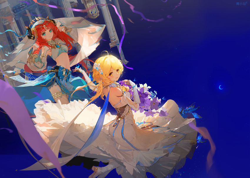 2girls, ahoge, arms_up, blonde_hair, breasts, dancer, dancing, dress, elbow_gloves, fake_horns, flower, genshin_impact, gloves, green_eyes, hair_flower, hair_ornament, highres, horns, jewelry, long_hair, looking_at_viewer, looking_back, lumine_(genshin_impact), moon, multiple_girls, nilou_(genshin_impact), open_mouth, red_hair, short_hair, sky, smile, veil, wu_xiao_xian, yellow_eyes