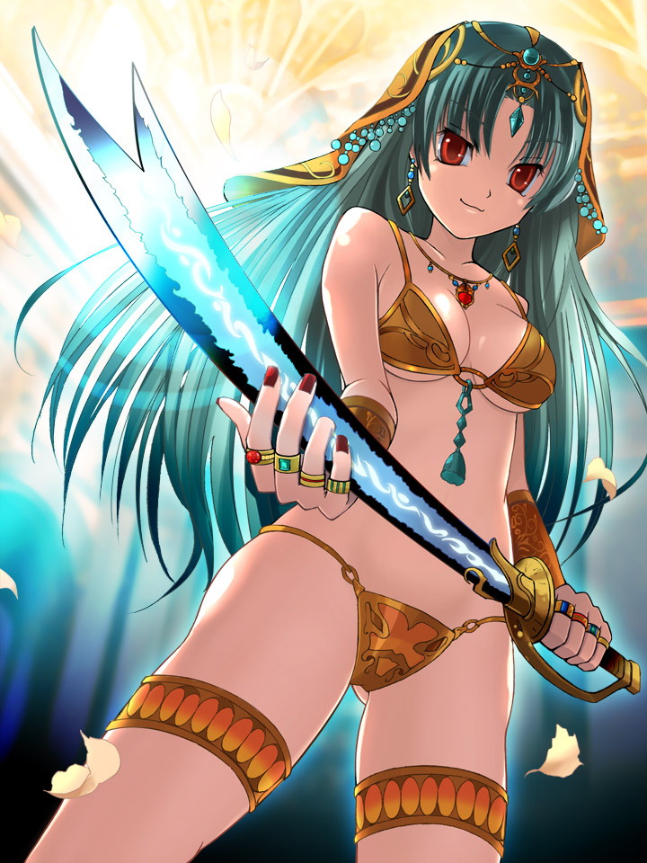 1girl, bikini, breasts, earrings, green_hair, hanesaka_rio, holding, holding_sword