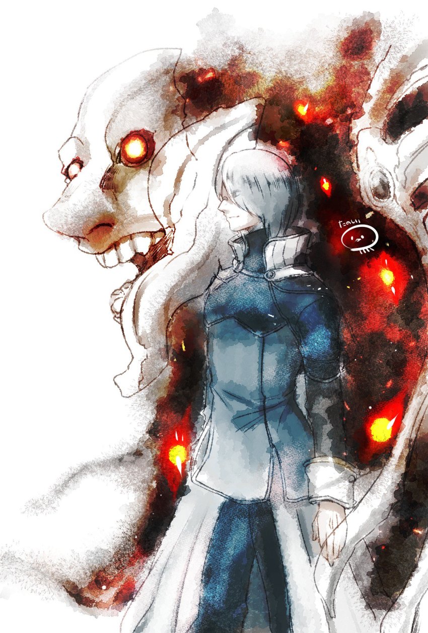 1boy, blue_coat, blue_pants, closed_mouth, coat, commentary_request, darkness, demon