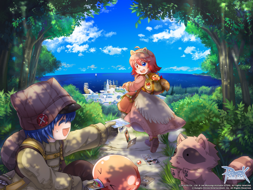 >_<, 1boy, 1girl, :3, ahoge, animal_ears, archangeling, backpack