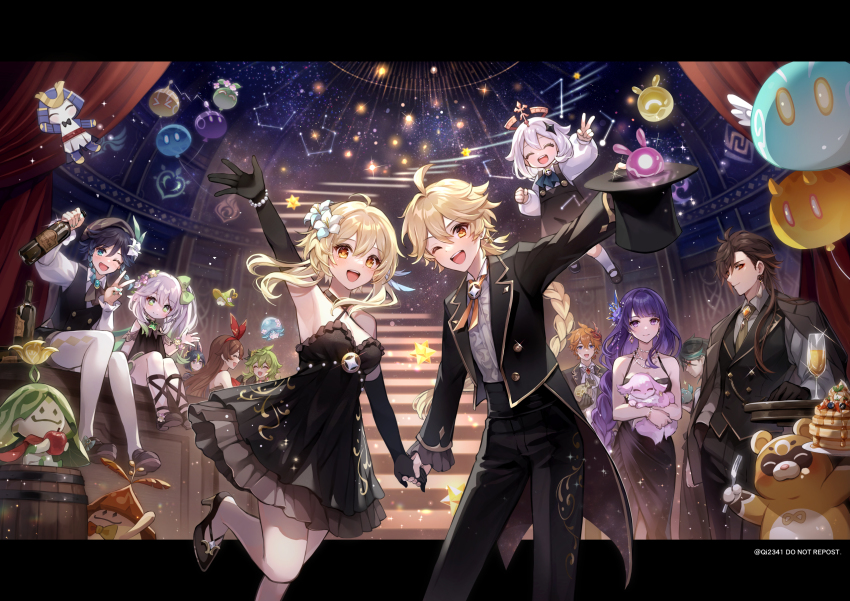 6+boys, 6+girls, :d, ;d, ^_^, aether_(genshin_impact), alternate_costume, amber_(genshin_impact), animal, animal_ears, antenna_hair, aqua_eyes, aqua_hair, aqua_nails, aranara_(genshin_impact), arm_up, armpits, artist_name, bare_shoulders, barrel, bead_bracelet, beads, beret, black_dress, black_footwear, black_gloves, black_hair, black_headwear, black_jacket, black_pants, black_vest, blonde_hair, blush, bottle, bow, bracelet, braid, breasts, brown_hair, brown_necktie, buttons, cleavage, closed_eyes, closed_mouth, collared_shirt, collei_(genshin_impact), commentary, constellation, cross-shaped_pupils, dress, dress_shirt, elbow_gloves, english_commentary, eyelashes, fingernails, floating_hair, flower, flower_bracelet, food, fork, formal_clothes, fox, fox_boy, fox_ears, fungi_(genshin_impact), genshin_impact, glint, gloves, gradient_hair, green_bow, green_eyes, green_hair, guoba_(genshin_impact), hair_between_eyes, hair_bow, hair_flower, hair_ornament, hair_ribbon, hairband, hat, highres, holding, holding_animal, holding_bottle, holding_hands, holding_unworn_clothes, holding_unworn_hat, jacket, jacket_on_shoulders, jewelry, leg_up, letterboxed, long_hair, long_sleeves, looking_at_viewer, low-braided_long_hair, low-tied_long_hair, lumine_(genshin_impact), mask, mask_on_head, medium_breasts, medium_hair, multicolored_hair, multiple_boys, multiple_girls, nahida_(genshin_impact), nail_polish, neck_ribbon, necktie, one_eye_closed, open_clothes, open_jacket, open_mouth, orange_hair, paimon_(genshin_impact), pancake, pants, pantyhose, parted_bangs, pink_flower, pointy_ears, ponytail, purple_eyes, purple_hair, qi2341, raiden_shogun, red_hairband, red_mask, red_ribbon, ribbon, seelie_(genshin_impact), shiki_taishou, shikigami, shirt, shoes, short_hair, short_hair_with_long_locks, side_braids, side_ponytail, sidelocks, sitting, sky, sleeveless, sleeveless_dress, slime_(genshin_impact), smile, stairs, standing, standing_on_one_leg, star_(sky), star_(symbol), starry_sky, symbol-shaped_pupils, tartaglia_(genshin_impact), teeth, tighnari_(genshin_impact), top_hat, twin_braids, unworn_hat, unworn_headwear, upper_teeth_only, v, venti_(genshin_impact), very_long_hair, vest, watermark, waving, white_flower, white_hair, white_pantyhose, white_shirt, wine_bottle, wing_collar, xiao_(genshin_impact), yae_miko, yae_miko_(fox), yellow_eyes, zhongli_(genshin_impact)