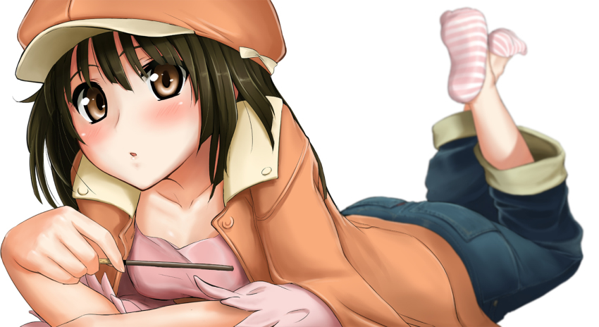 1girl, :o, ankle_socks, bakemonogatari, blurry, blush, brown_hair, denim