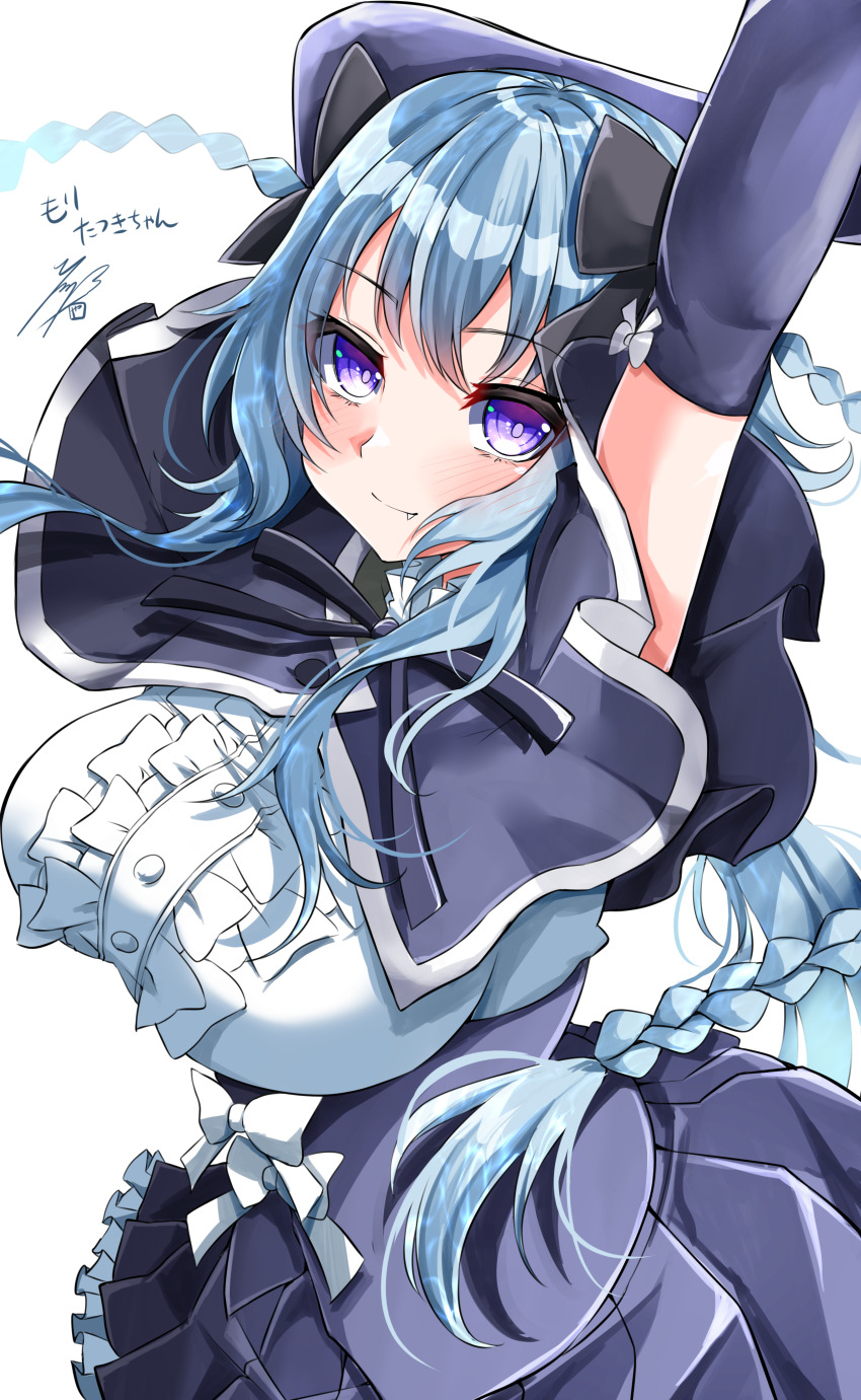 1girl, absurdres, arms_up, artist_name, assault_lily, black_bow, black_capelet, black_ribbon