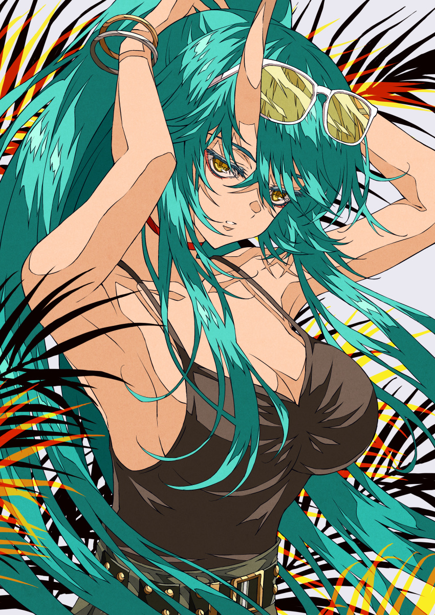 1girl, absurdres, aqua_hair, arknights, armpits, arms_up, belt, belt_buckle