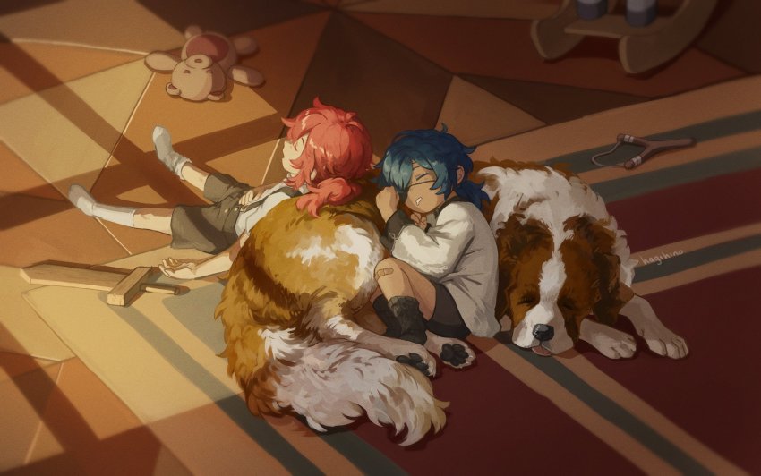 2boys, animal, bandaid, bandaid_on_knee, bandaid_on_leg, black_shorts, blue_hair, brothers