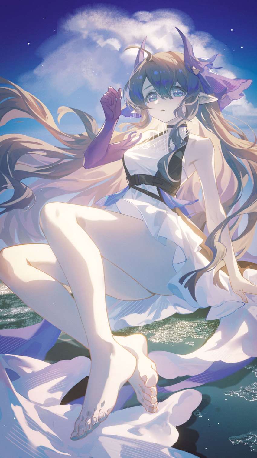 1girl, absurdres, arknights, bare_legs, bare_shoulders, barefoot, black_hair, blonde_hair