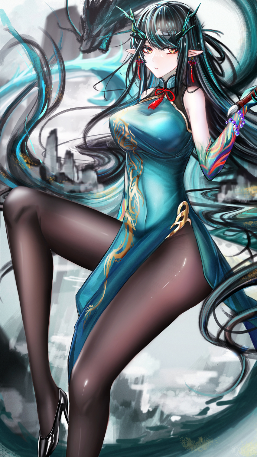 1girl, absurdres, arknights, bare_shoulders, bead_bracelet, beads, black_footwear, black_hair, black_pantyhose, blue_dress, blue_hair, blue_skin, bracelet, breasts, calligraphy_brush, colored_skin, covered_navel, dragon, dragon_girl, dragon_horns, dragon_tail, dress, dusk_(arknights), dusk_(everything_is_a_miracle)_(arknights), earrings, gradient_skin, high_heels, highres, holding, holding_brush, horns, ink, invisible_chair, jewelry, knee_up, large_breasts, long_hair, looking_at_viewer, minuolin, multicolored_hair, official_alternate_costume, paintbrush, pantyhose, parted_lips, pelvic_curtain, pointy_ears, sitting, sleeveless, sleeveless_dress, solo, streaked_hair, tail, tassel, tassel_earrings, two-tone_hair, very_long_hair, yellow_eyes