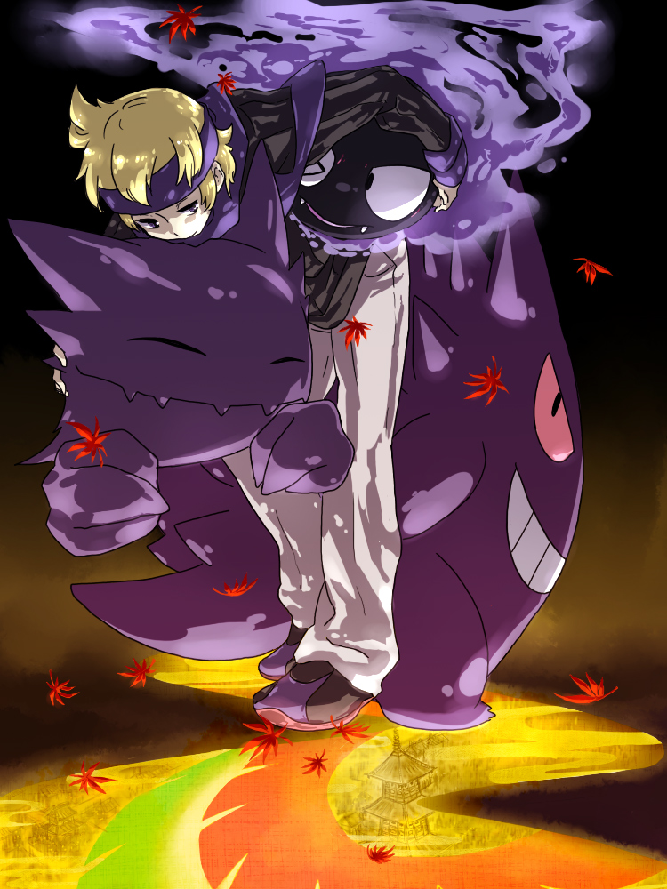 1990s_(style), 1boy, blonde_hair, gastly, gen_1_pokemon, gen_2_pokemon, gengar, ghost