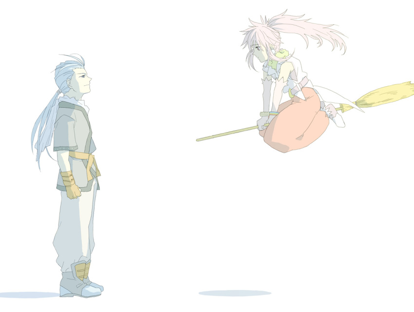 arche_klein, bad_id, bad_pixiv_id, blue_eyes, blue_hair, broom, broom_riding, chester_burklight, earrings, flying, gloves, hairband, jewelry, long_hair, pink_eyes, pink_hair, scarf, tales_of_(series), tales_of_phantasia, very_long_hair, white_background, yamado