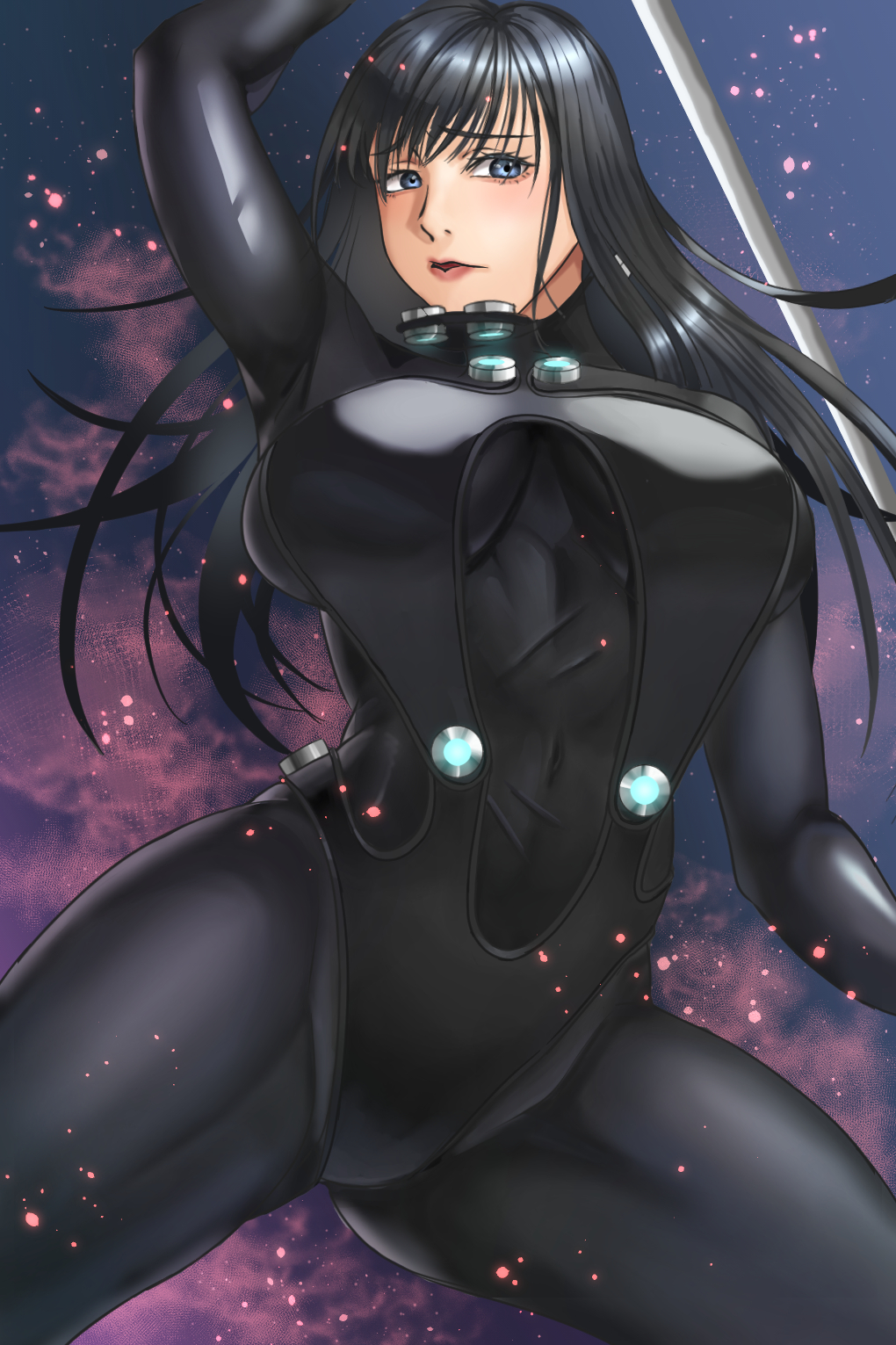 1girl, arm_up, black_bodysuit, black_hair, blue_eyes, bodysuit, breasts, commentary_request, gantz, gantz_suit, gantz_sword, highres, holding, holding_sword, holding_weapon, large_breasts, looking_at_viewer, parted_lips, reimei33, shimohira_reika, solo, spread_legs, sword, thighs, weapon