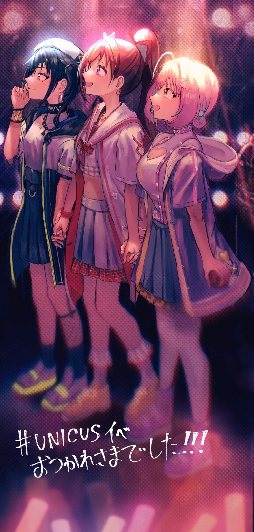 unicus_(idolmaster), 3girls, absurdres, ahoge, antenna_hair, blush, bracelet, cleavage_cutout