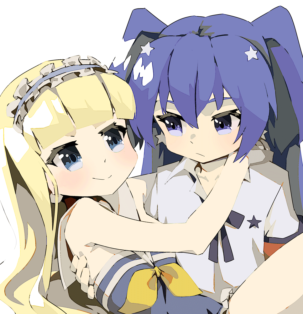 2girls, black_ribbon, blonde_hair, blue_eyes, blue_hair, blunt_bangs, carrying, closed_mouth