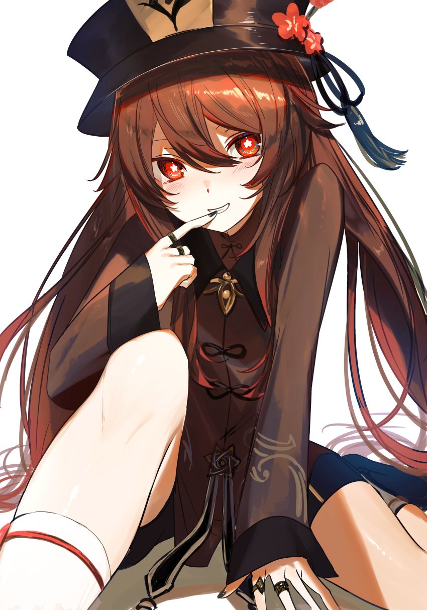 1girl, absurdres, arm_support, black_hat, black_nails, black_shorts, blush, bright_pupils