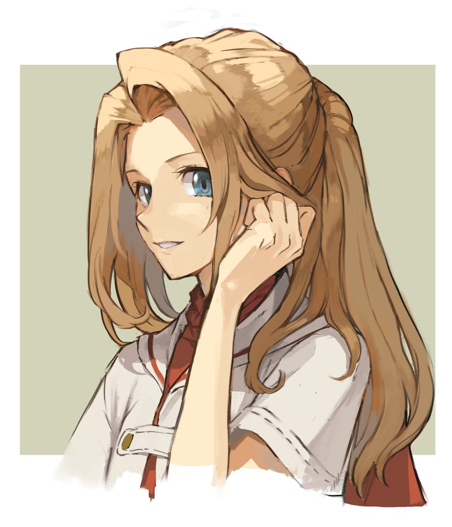 adjusting_hair, blonde_hair, blue_eyes, border, cropped_torso, etrian_odyssey, goeppe, grin