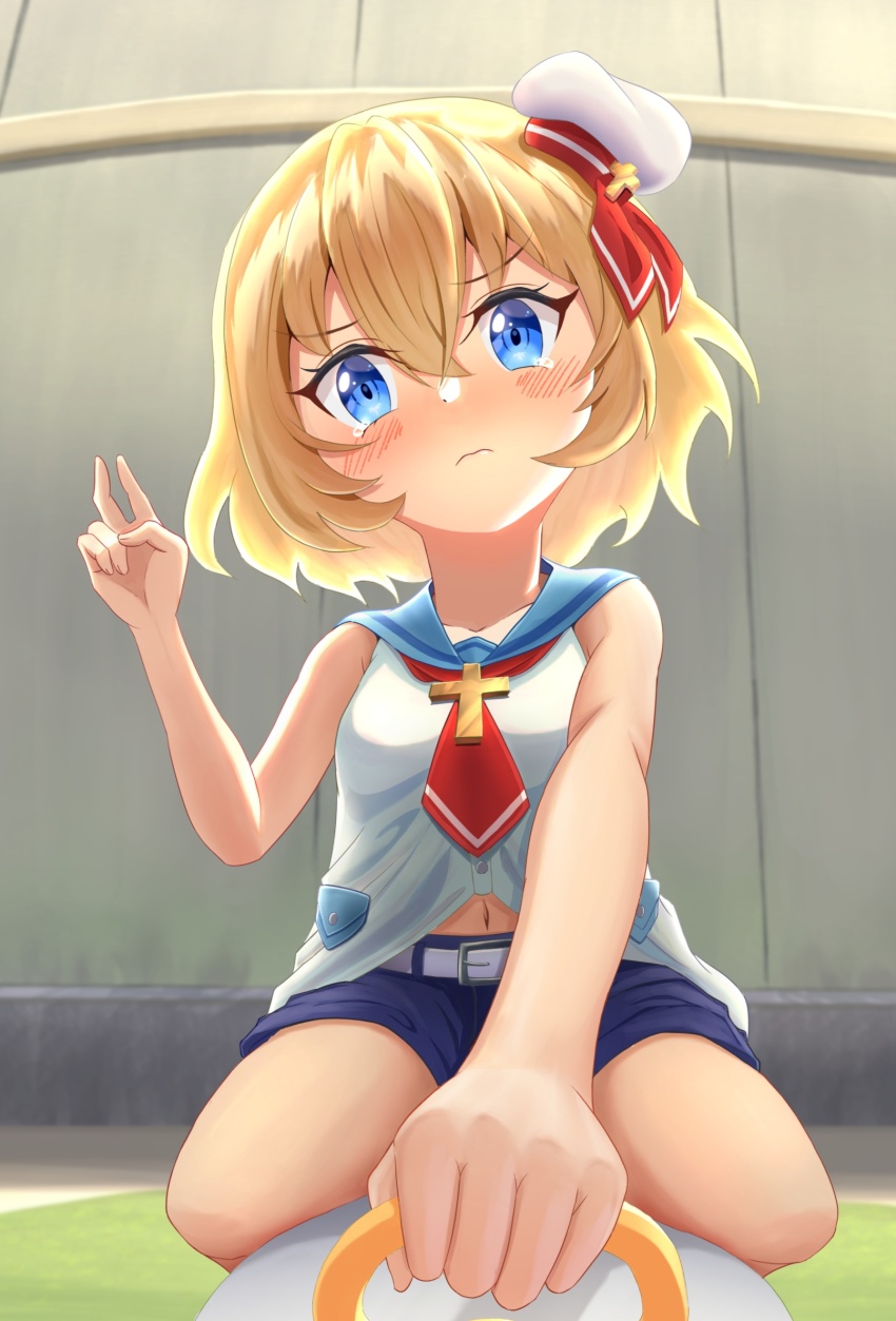 1girl, blonde_hair, blue_eyes, blue_shorts, blush, breasts, closed_mouth, dress