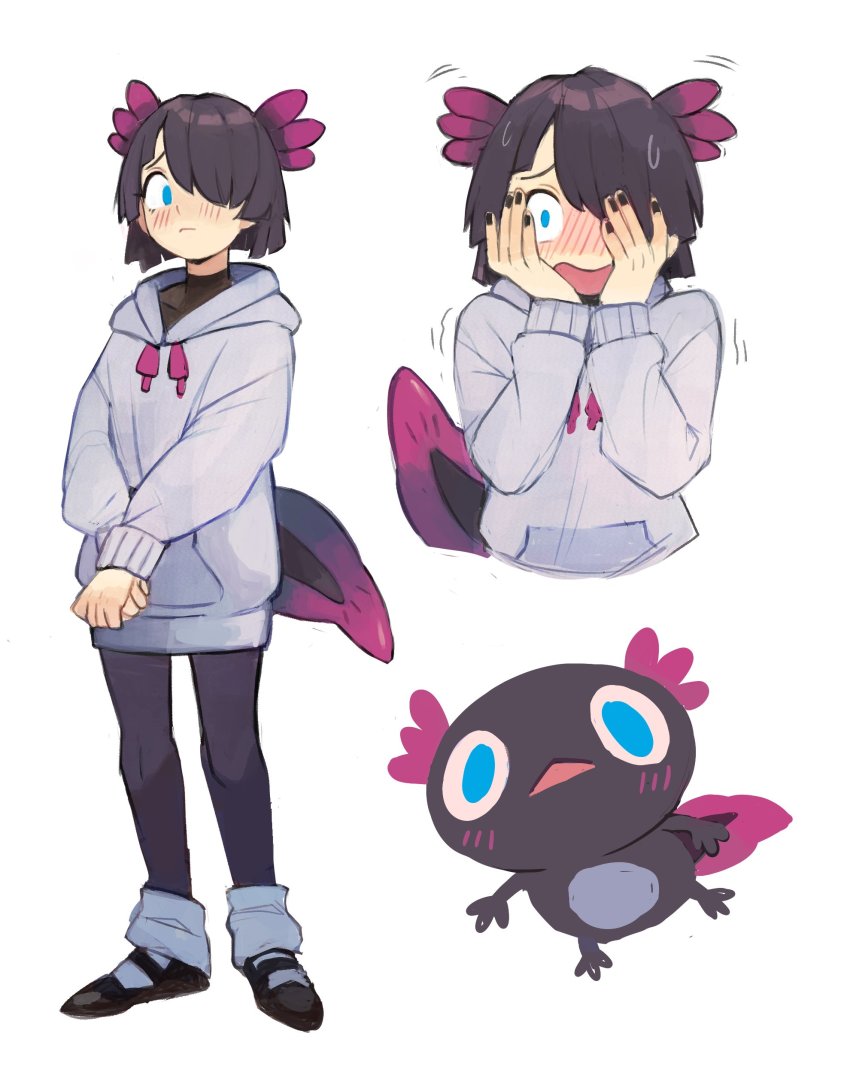 1girl, absurdres, axolotl, axolotl_girl, ayu_(sui_(suizilla)), black_hair, black_nails, blunt_ends