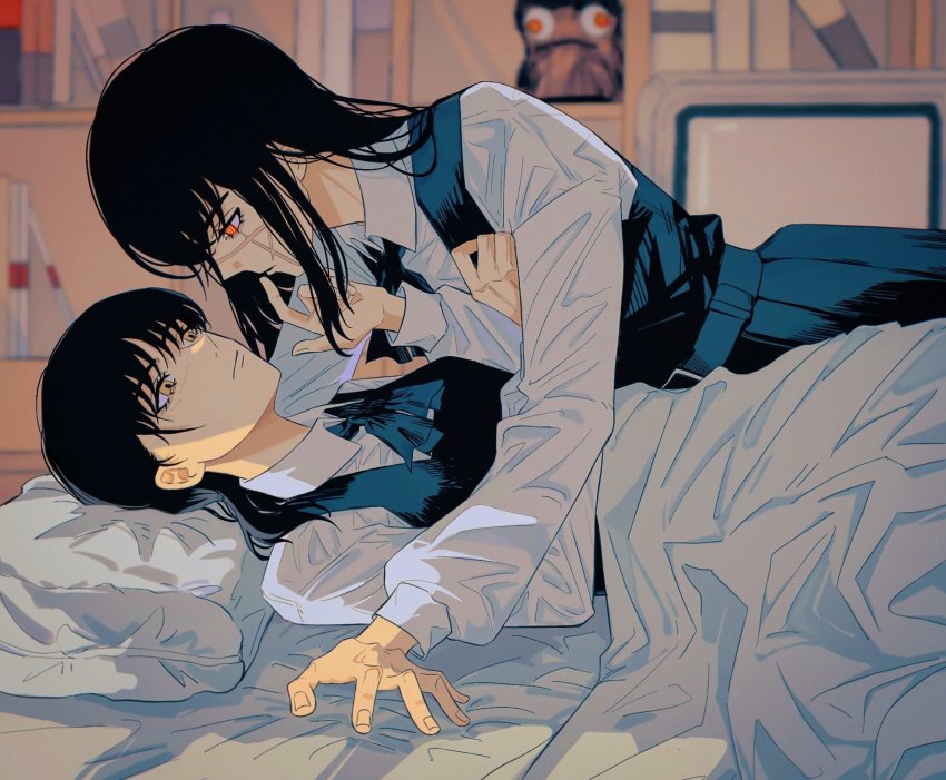 2girls, ascot, bed, belt, black_ascot, black_hair, blanket, blue_ascot