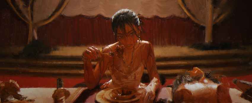 1girl, bibi_(singer), black_eyes, black_hair, blood, blood_on_clothes, blood_on_face, dead_animal, eating, food, fork, highres, holding, holding_fork, indoors, jewelry, looking_at_viewer, meat, medium_hair, necklace, plate, ponytail, real_life, scene_reference, sitting, solo, stage, table, wang-xi