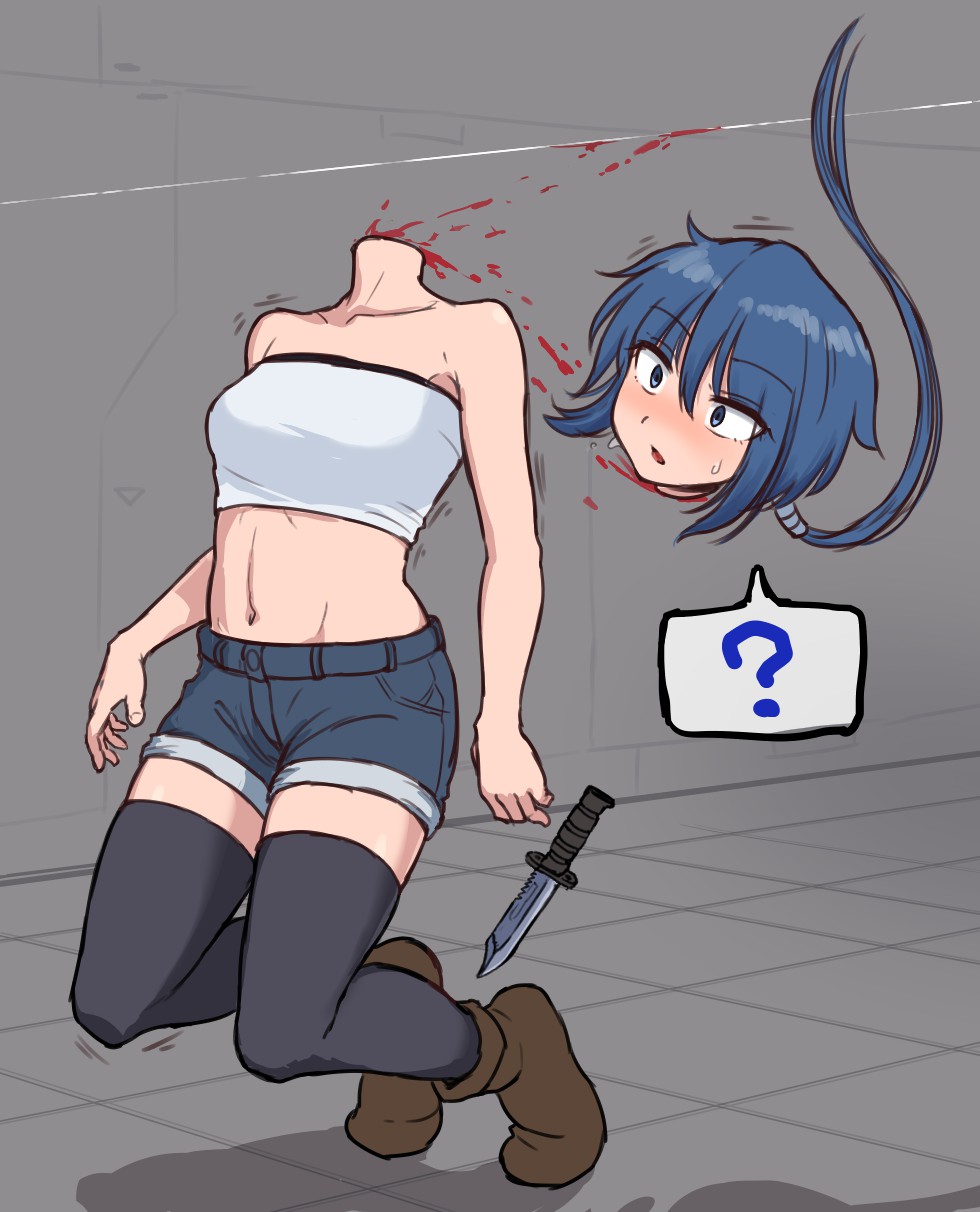 1girl, ?, amasaki_ryouko, bare_arms, black_thighhighs, blood, blue_eyes, blue_hair