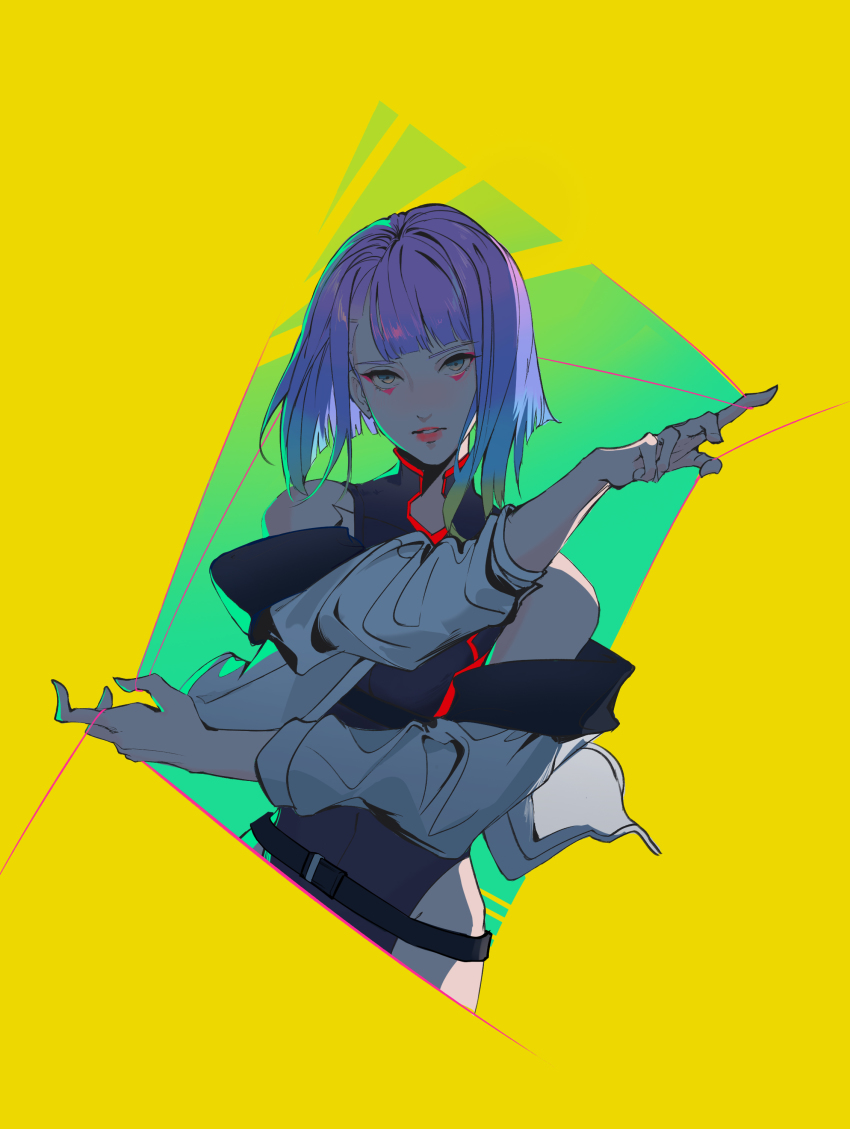 1girl, absurdres, bare_shoulders, belt, blunt_bangs, cyberpunk_(series), cyberpunk:_edgerunners, eyeliner