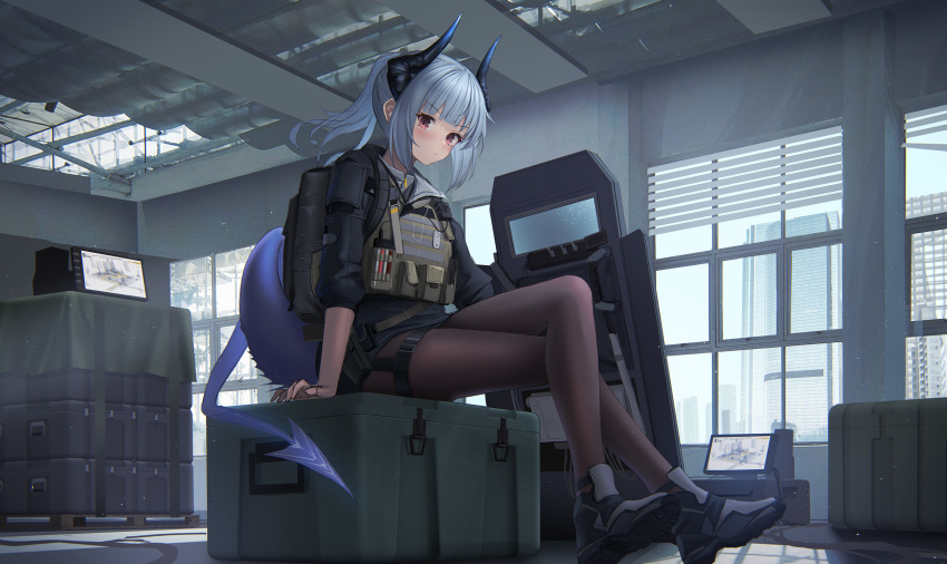 1girl, ankle_boots, anklet, arknights, backpack, bag, black_boots, black_pantyhose