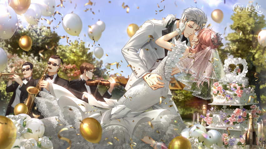 1girl, 4boys, :o, artist_request, backless_dress, backless_outfit, balloon, black_hair