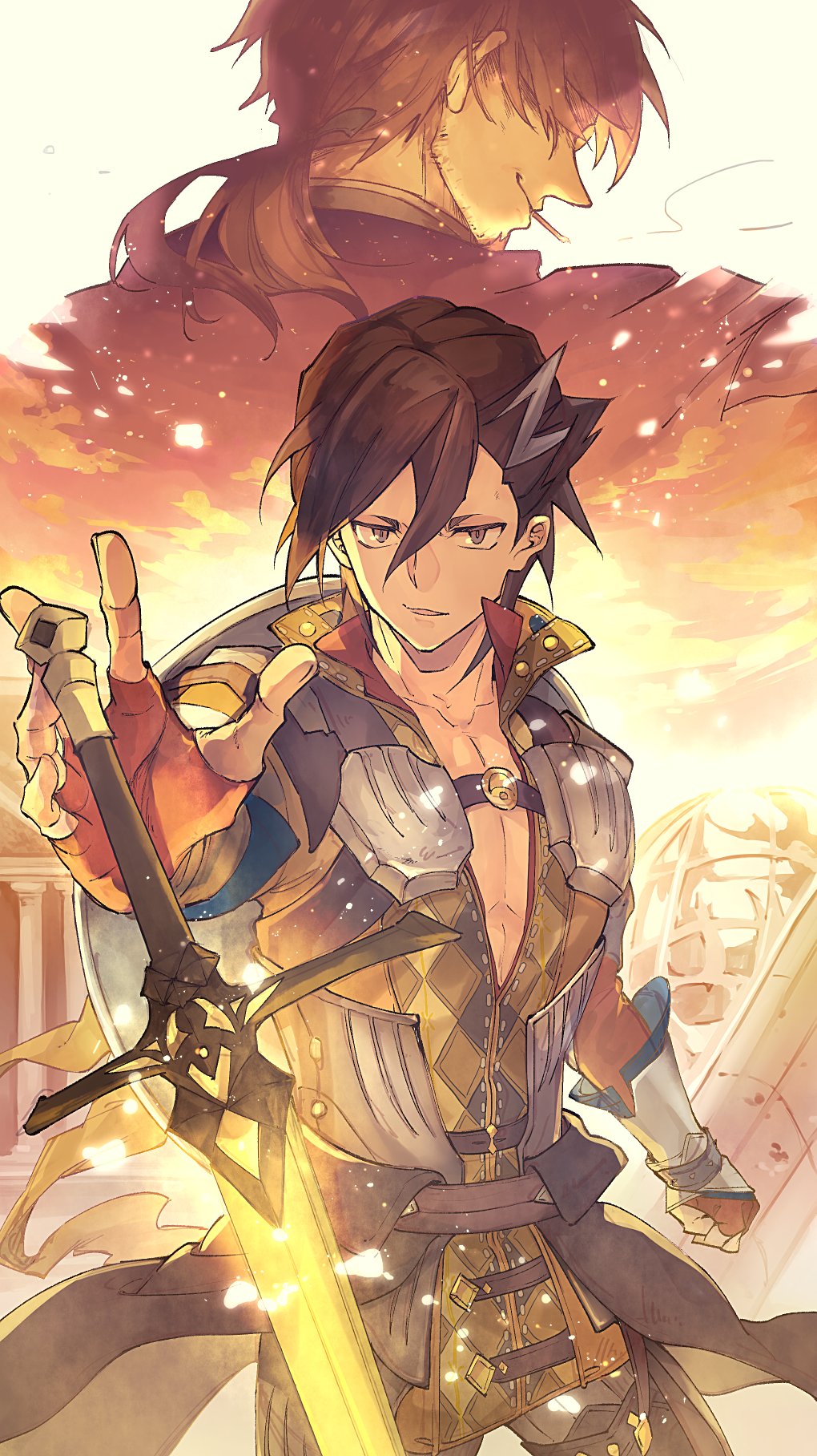 2boys, black_hair, brown_hair, cigarette, durandal_(fate), facial_hair, fate/grand_order, fate_(series), fingerless_gloves, gloves, glowing, glowing_sword, glowing_weapon, goatee, hector_(fate), highres, holding, holding_sword, holding_weapon, low_ponytail, male_focus, mandricardo_(fate), multiple_boys, ponytail, shield, smoking, sunset, sword, tumikilondon5, weapon