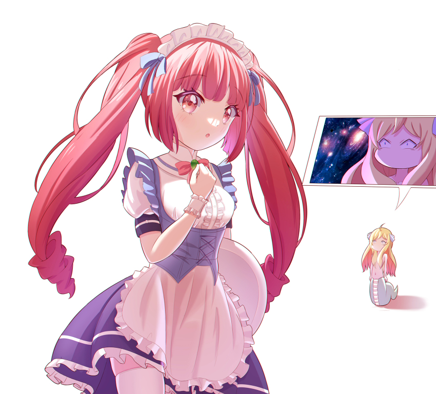 2girls, blonde_hair, blue_eyes, blush, breasts, hair_ribbon, hanazono_yurine, highres