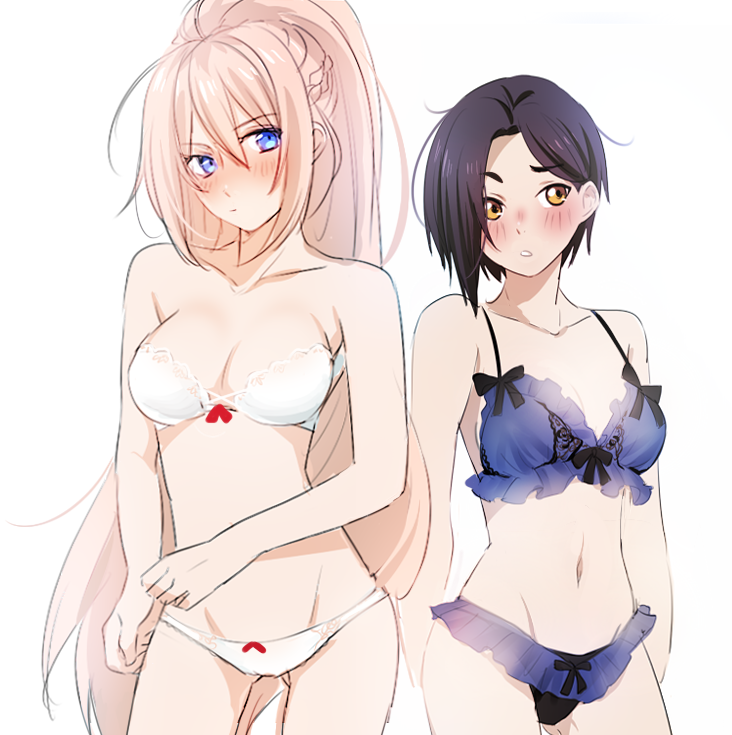 2girls, asymmetrical_bangs, bare_arms, bare_shoulders, black_hair, black_panties, blonde_hair, blue_bra
