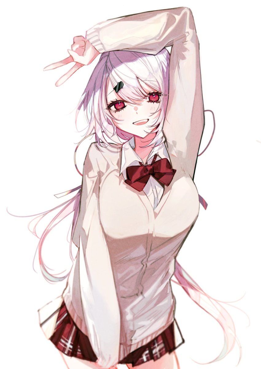 1girl, arm_up, bow, bowtie, comori, highres, long_hair, looking_at_viewer