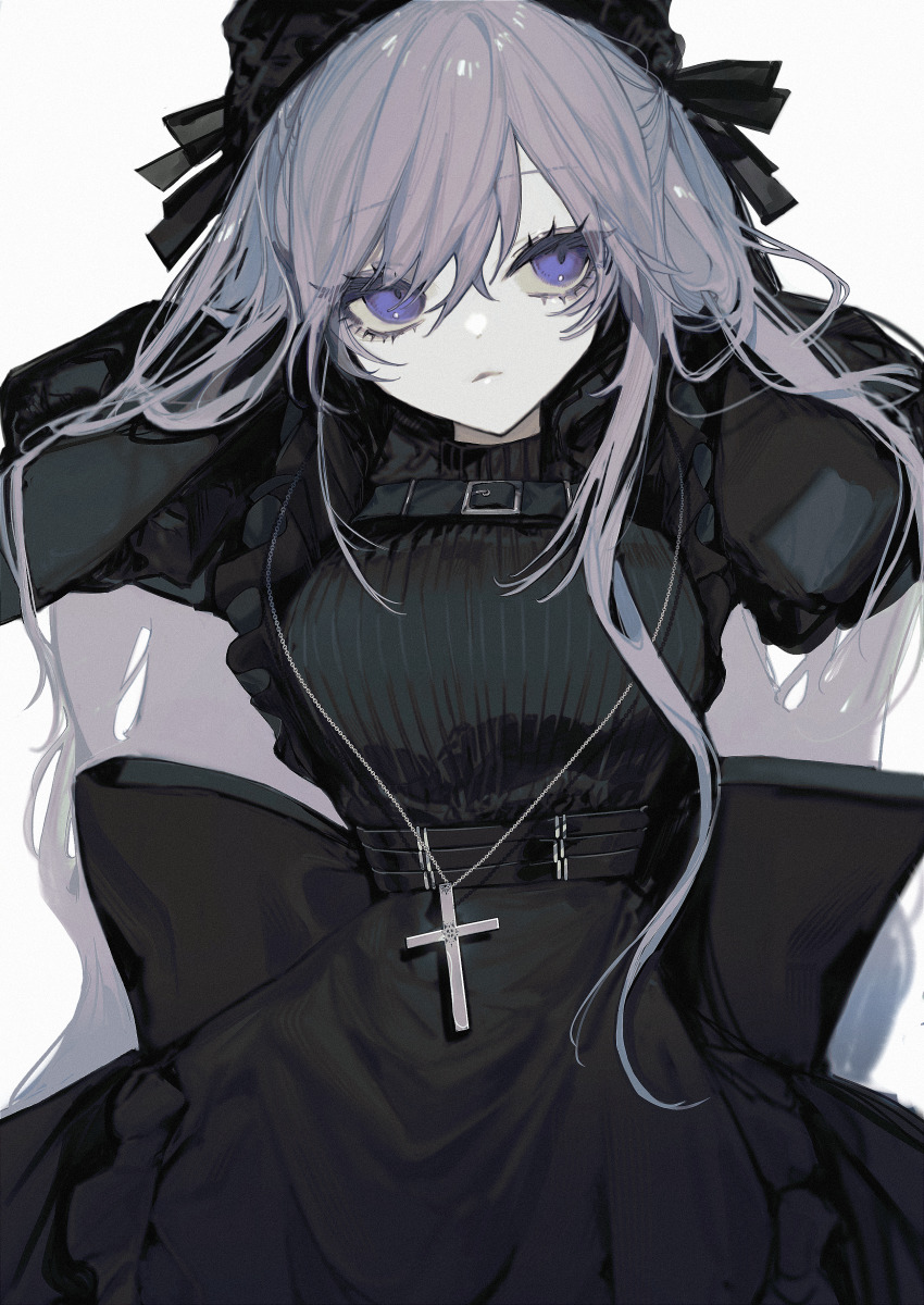 1girl, absurdres, black_dress, black_hat, comori, cross, dress, expressionless