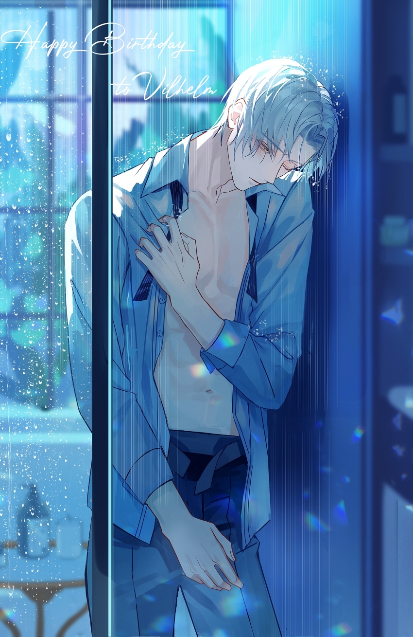 1boy, absurdres, happy_birthday, highres, lens_flare, long_sleeves, male_focus, one_eye_closed, open_clothes, rain, shirt, short_hair, solo, tears_of_themis, vyn_richter_(tears_of_themis), white_hair, yan_shen, yellow_eyes