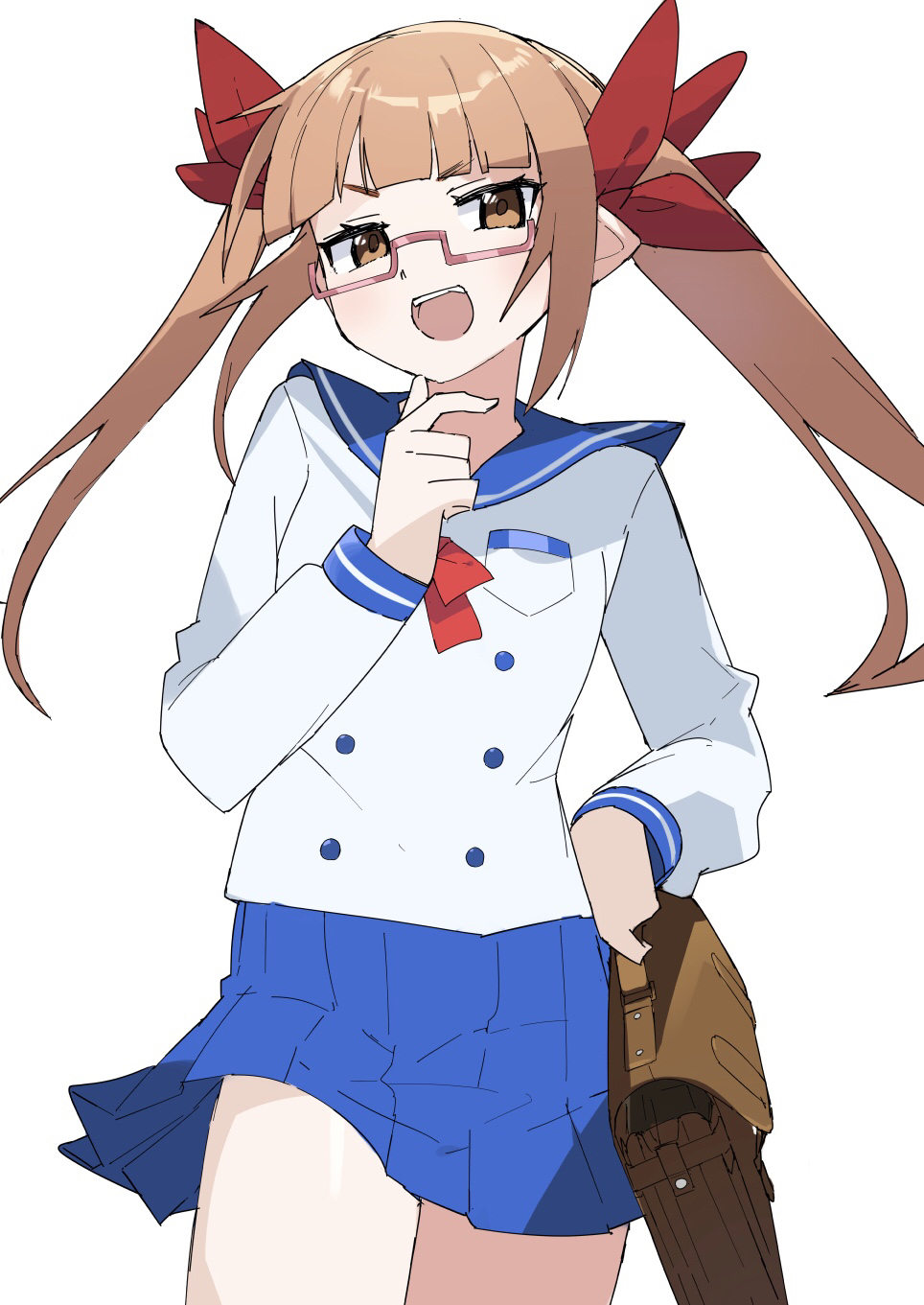 1girl, :d, bag, bitto_(arnagle), blue_skirt, brown_eyes, brown_hair, glasses