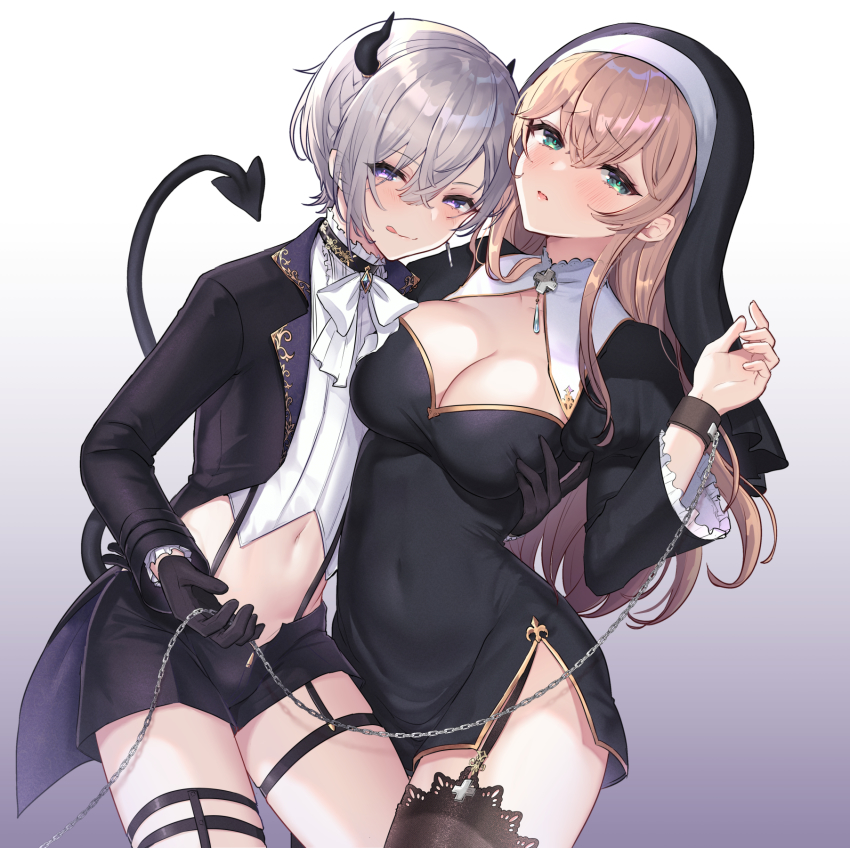 1boy, 1girl, age_difference, bishounen, black_dress, black_gloves, blonde_hair, breasts, chain, clitoral_stimulation, demon, demon_boy, demon_horns, demon_tail, dress, gloves, green_eyes, grey_hair, groping, hand_on_another's_chest, highres, horns, lace, large_breasts, looking_at_viewer, nun, nun_headdress, onee-shota, original, purple_eyes, rojione, shota, strap, tail, tongue, tongue_out, v-shaped_eyebrows, veil