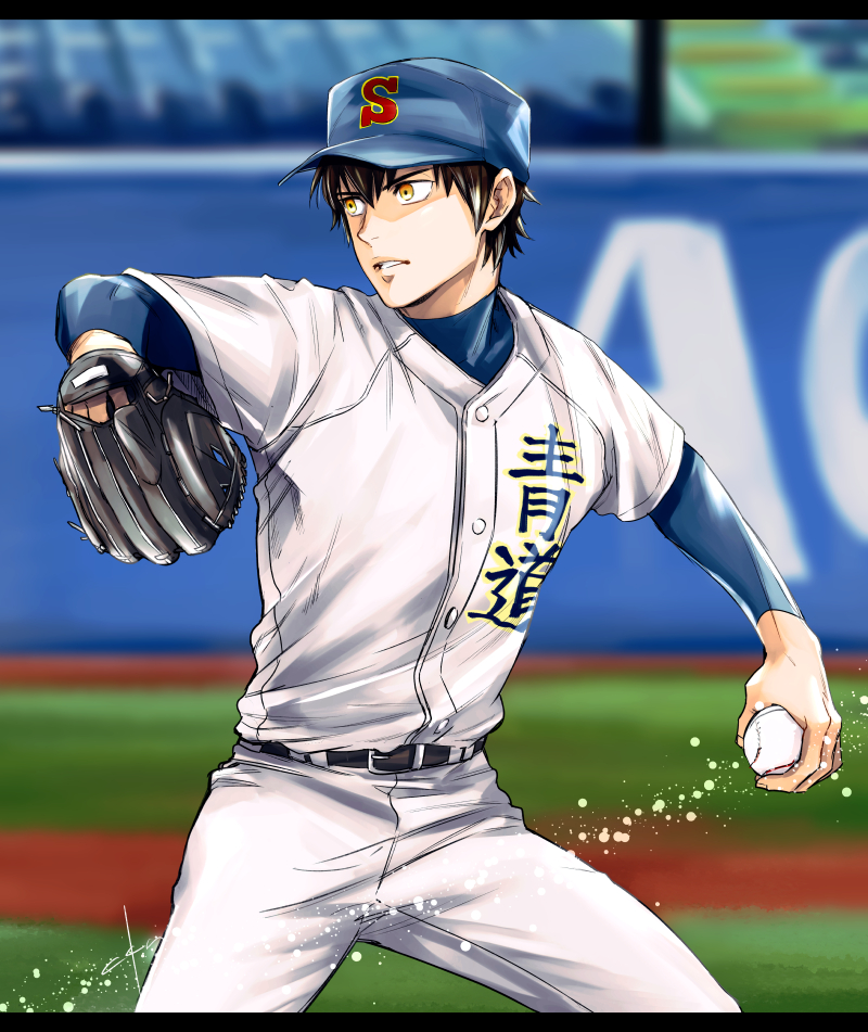 1boy, ace_of_diamond, baseball, baseball_cap, baseball_glove, baseball_stadium, belt, black_hair