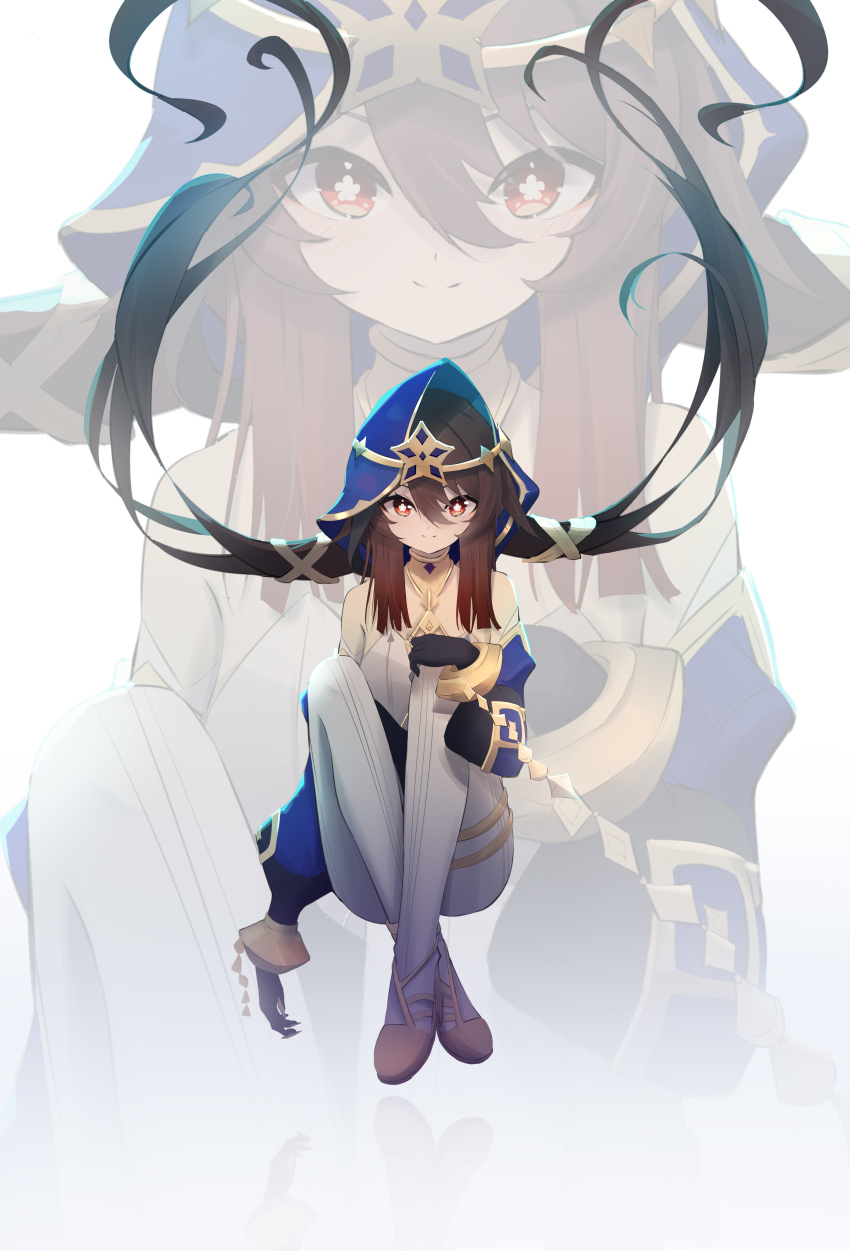 1girl, absurdres, bare_shoulders, black_gloves, black_hair, commentary_request, cosplay, genshin_impact, gloves, hair_between_eyes, highres, hood, hu_tao_(genshin_impact), knees_up, layla_(genshin_impact), layla_(genshin_impact)_(cosplay), long_hair, long_sleeves, looking_at_viewer, pantyhose, qixia, red_eyes, sitting, smile, solo, twintails, very_long_hair, white_background, white_pantyhose, zoom_layer