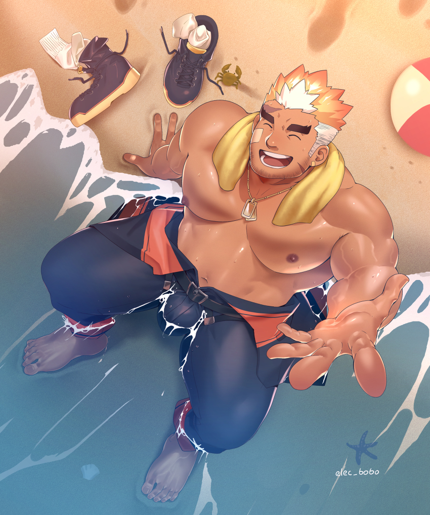 1boy, :d, ^_^, arm_support, ball, bandaid, bandaid_on_cheek, bandaid_on_face, bara, barefoot, beach, beachball, beckoning, belt, black_boots, black_pants, blonde_hair, boots, bulge, closed_eyes, clothes_pull, commentary_request, crab, dark-skinned_male, dark_skin, day, dog_tags, earrings, elec_bobo, facial_hair, facial_scar, footprints, from_above, full_body, gradient_hair, highres, jacket, jacket_pull, jewelry, large_pectorals, male_focus, mature_male, multicolored_hair, multicolored_jacket, muscular, muscular_male, navel, nipples, open_mouth, orange_hair, outstretched_arm, pants, partially_submerged, pectorals, reaching, reaching_towards_viewer, sand, scar, scar_on_cheek, scar_on_face, scar_on_forehead, shirt, short_hair, single_earring, sitting, smile, socks, solo, spread_legs, starfish, stomach, teeth, thick_eyebrows, thick_thighs, thighs, tokyo_houkago_summoners, topless_male, twitter_username, two-tone_jacket, ulaanbaatar_(housamo), unworn_boots, unworn_shirt, veins, veiny_arms, water, wet, wet_clothes, white_socks