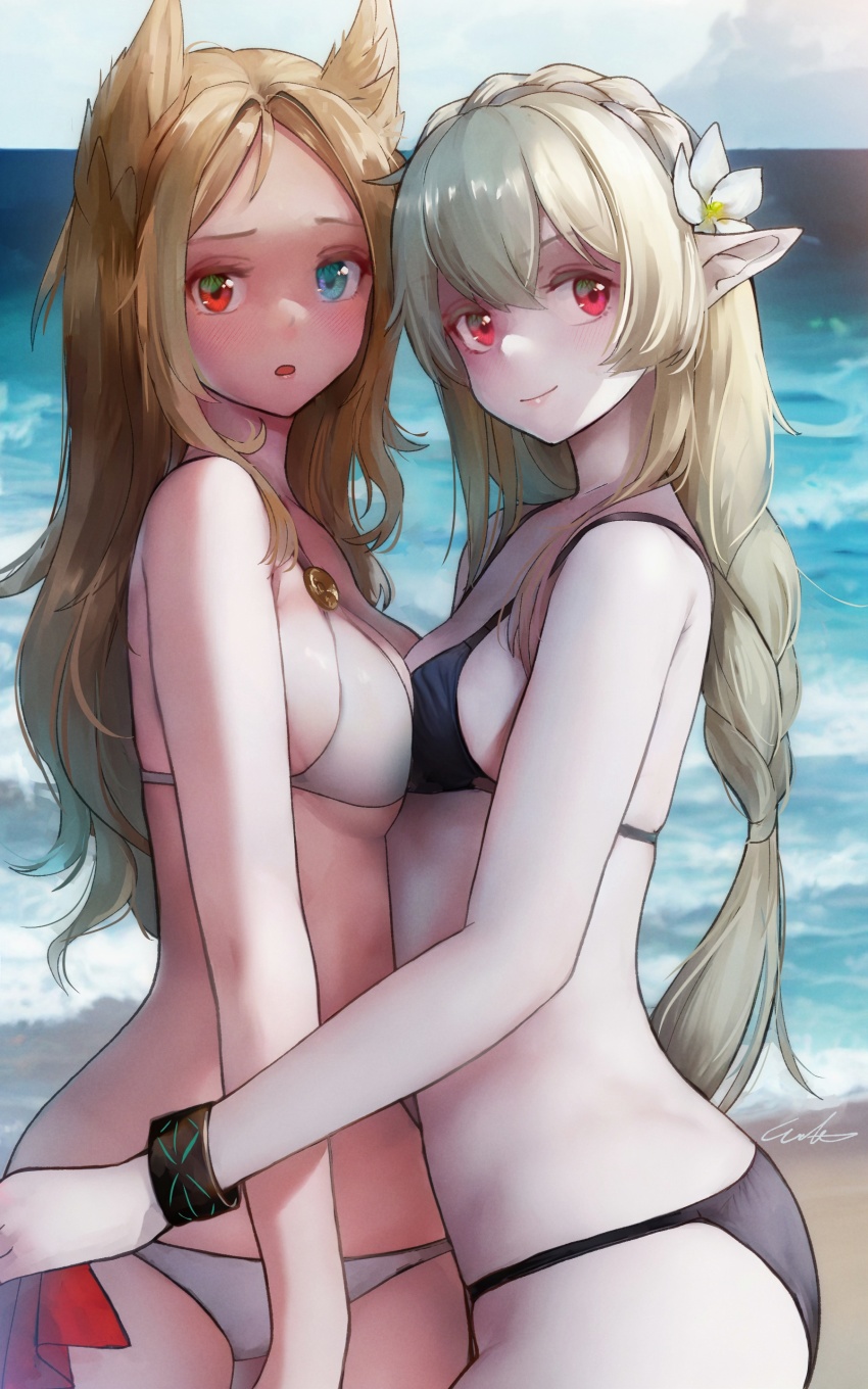 2girls, :o, absurdres, animal_ears, archetto_(arknights), arknights, asymmetrical_docking, beach