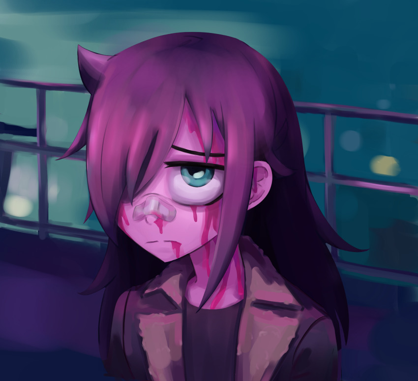 1girl, bags_under_eyes, bandaid, bandaid_on_face, bandaid_on_nose, black_hair, blade_runner_(series), blade_runner_2049, blood, crossover, cyberpunk, female_focus, goslingposting_(meme), highres, jacket, kuroki_tomoko, kurokimoko, meme, nosebleed, parody, sad, self-upload, solo, watashi_ga_motenai_no_wa_dou_kangaetemo_omaera_ga_warui!, you_look_lonely_(meme)