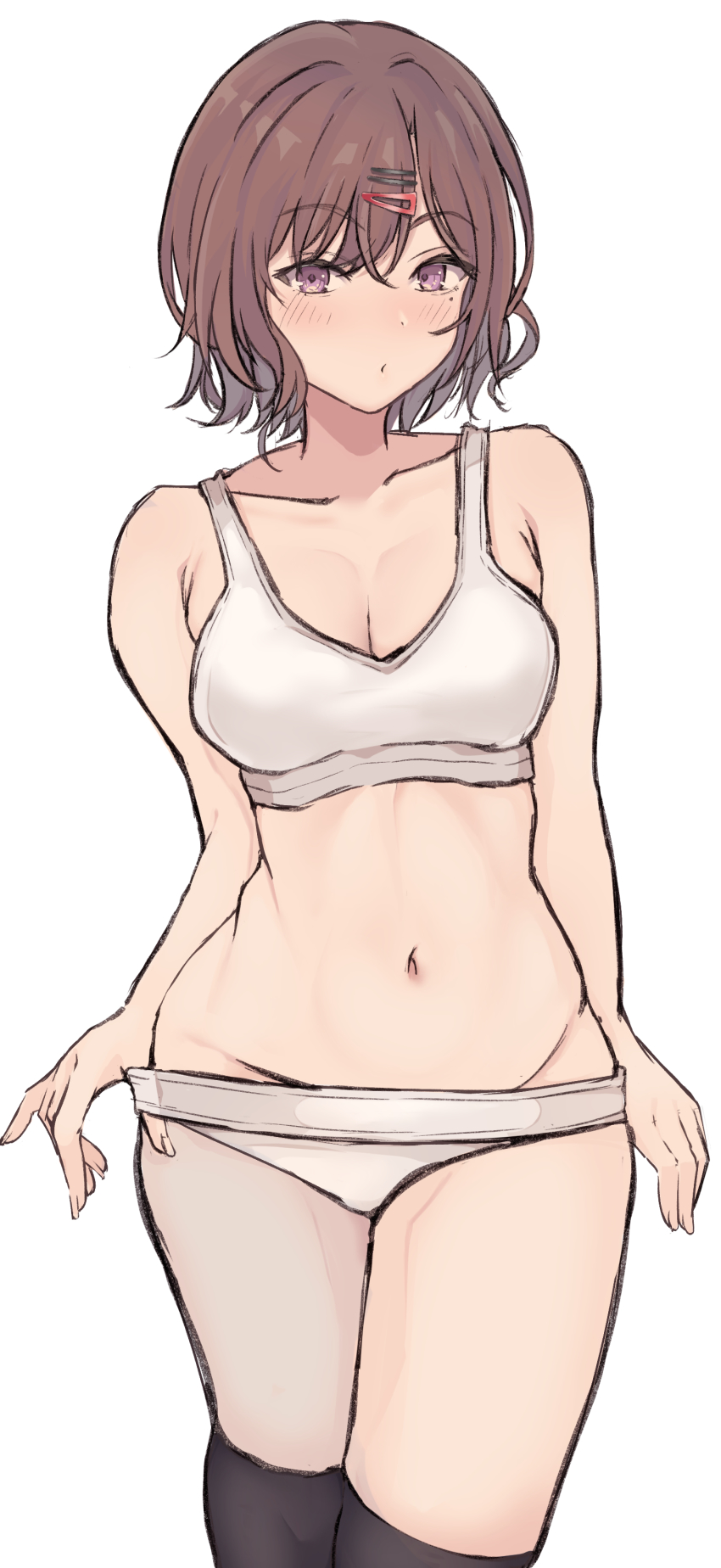 1girl, absurdres, black_thighhighs, blush, bra, breasts, brown_hair, cleavage