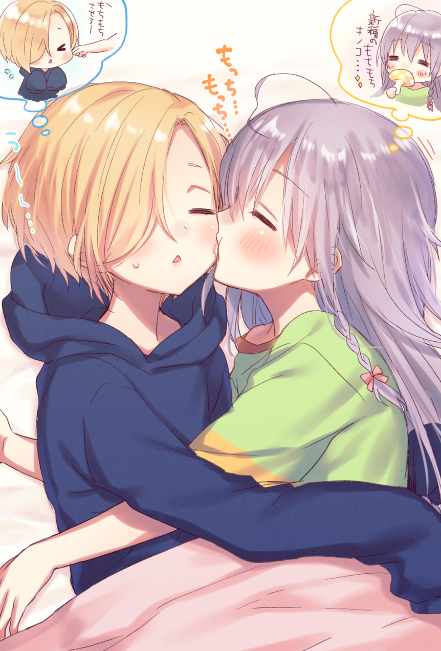 2girls, ahoge, black_hoodie, blanket, blonde_hair, blush, cheek_pinching, cheek_sucking, commentary_request, dreaming, green_shirt, grey_hair, hair_over_one_eye, highres, hood, hoodie, hoshi_syoko, hug, idolmaster, idolmaster_cinderella_girls, itsuki_jun, long_sleeves, lying, multiple_girls, mushroom, on_side, one_eye_covered, pinching, shirasaka_koume, shirt, sleeping, sleeves_past_fingers, sleeves_past_wrists, sweatdrop, translation_request