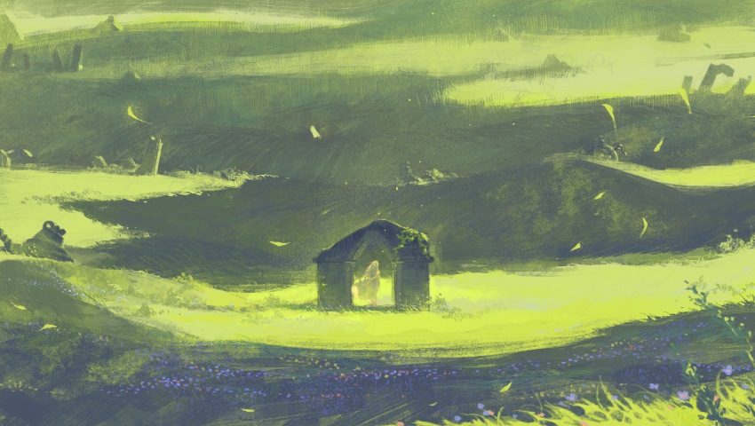 1girl, absurdres, arch, blonde_hair, blue_flower, chinese_commentary, commentary_request, dress, field, floating_hair, flower, grass, guardian_(zelda), hengwen, highres, long_hair, nintendo, princess_zelda, red_flower, scenery, solo, standing, the_legend_of_zelda, the_legend_of_zelda:_breath_of_the_wild, very_wide_shot, white_dress