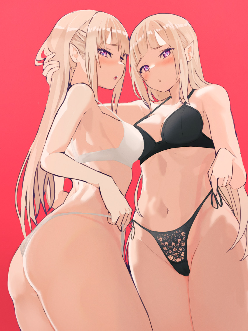 2girls, absurdres, ass, black_bra, black_panties, blush, bra, breasts