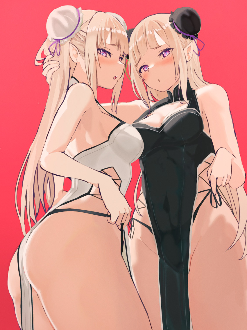 2girls, absurdres, ass, bikini, black_bikini, black_dress, blush, breasts