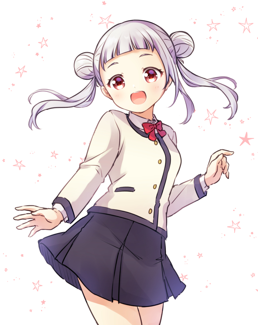 1girl, :d, arashi_chisato, blunt_bangs, blush, bow, bowtie, cardigan, collared_shirt, double_bun, grey_hair, hair_bun, highres, long_hair, love_live!, love_live!_superstar!!, mameko_minami, open_mouth, pleated_skirt, purple_eyes, school_uniform, shirt, skirt, smile, solo, twintails