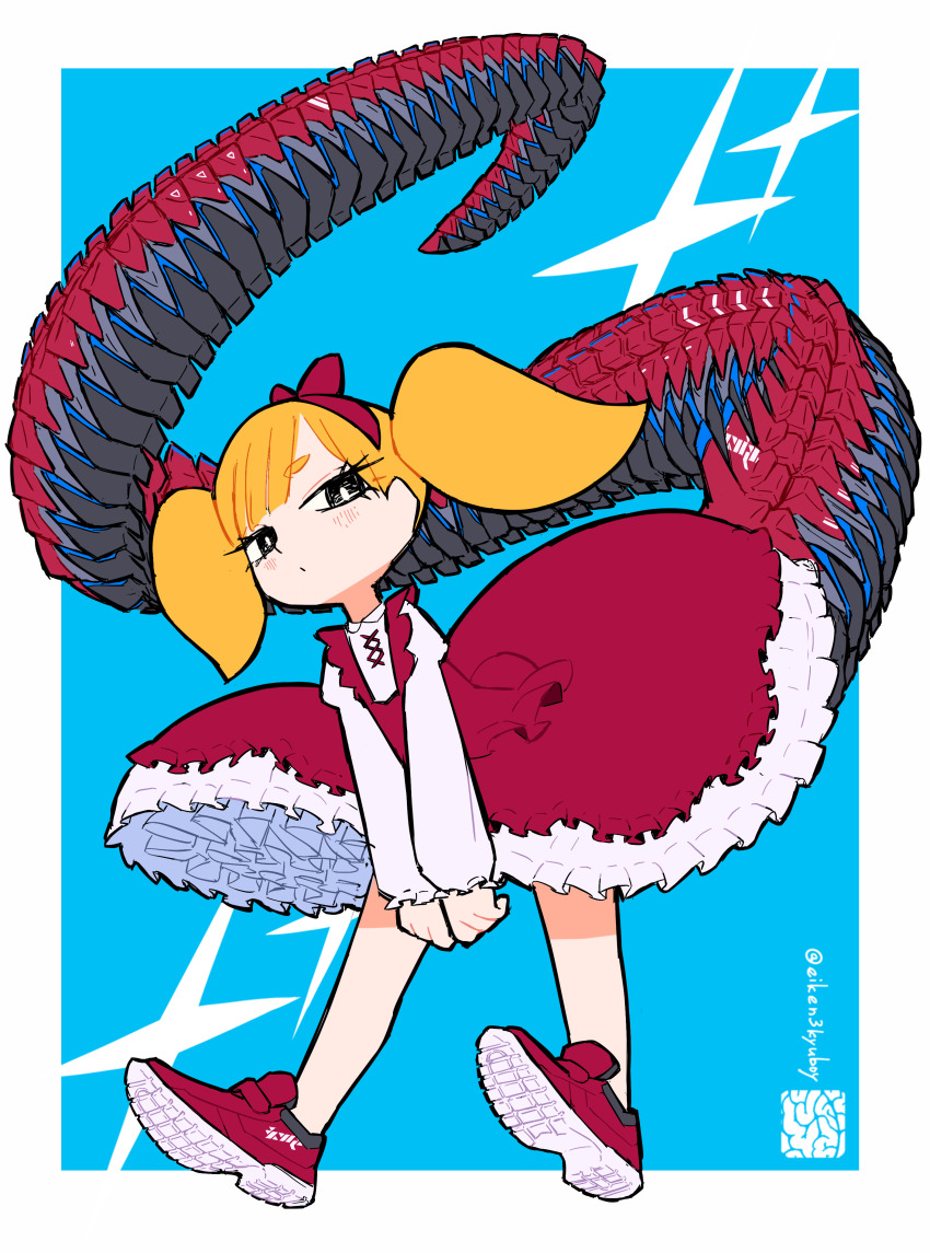 1girl, :/, absurdres, artist_logo, artist_name, black_eyes, black_tail, blonde_hair