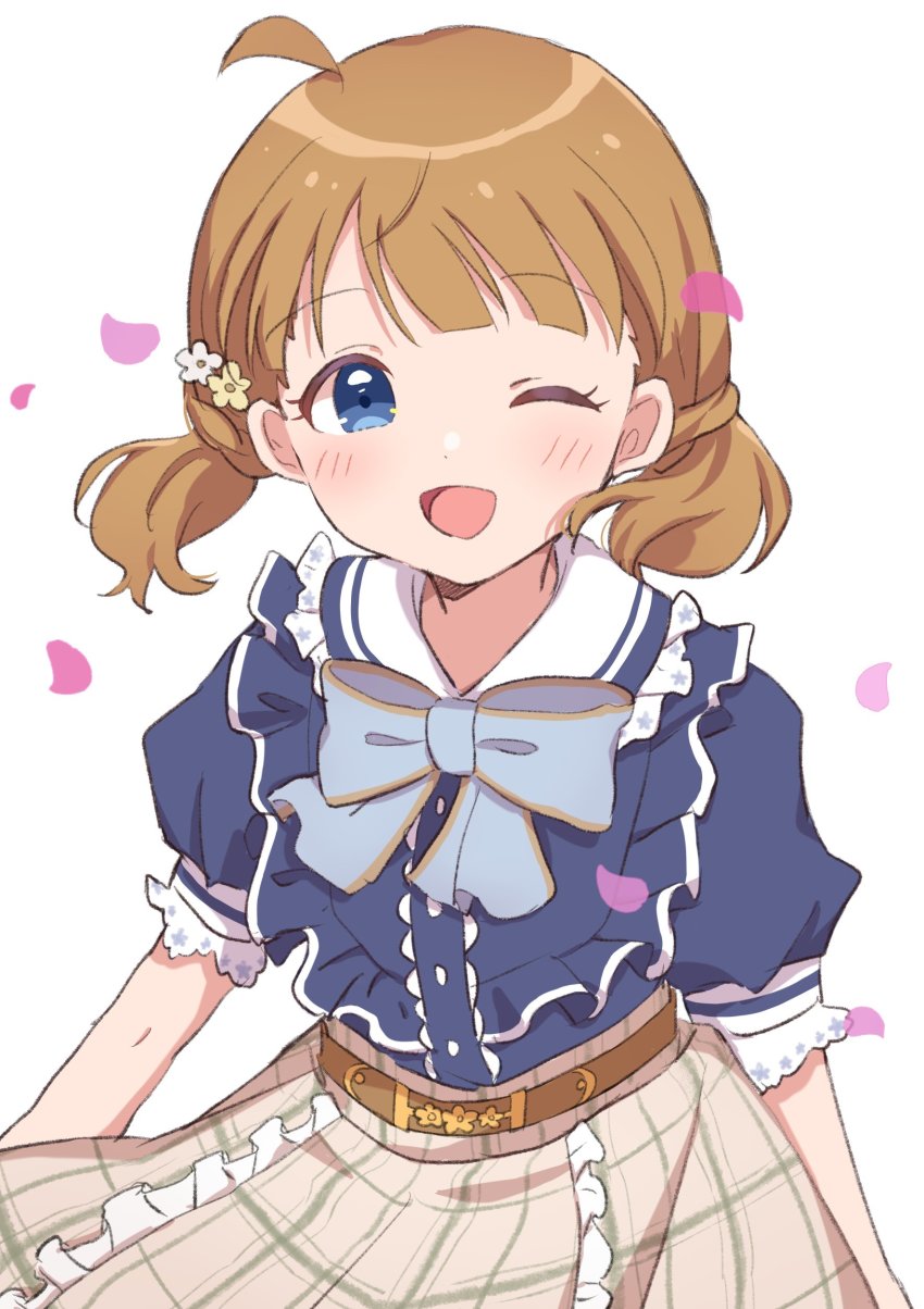 1girl, ;d, absurdres, ahoge, belt, blue_bow, blue_bowtie, blue_eyes